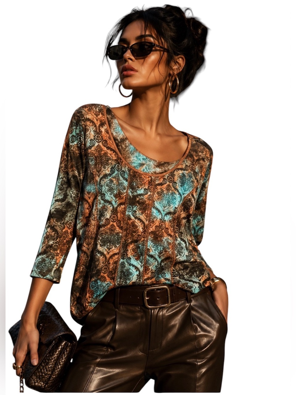 Vintage Cato Teal and Brown Patterned Women's Blouse